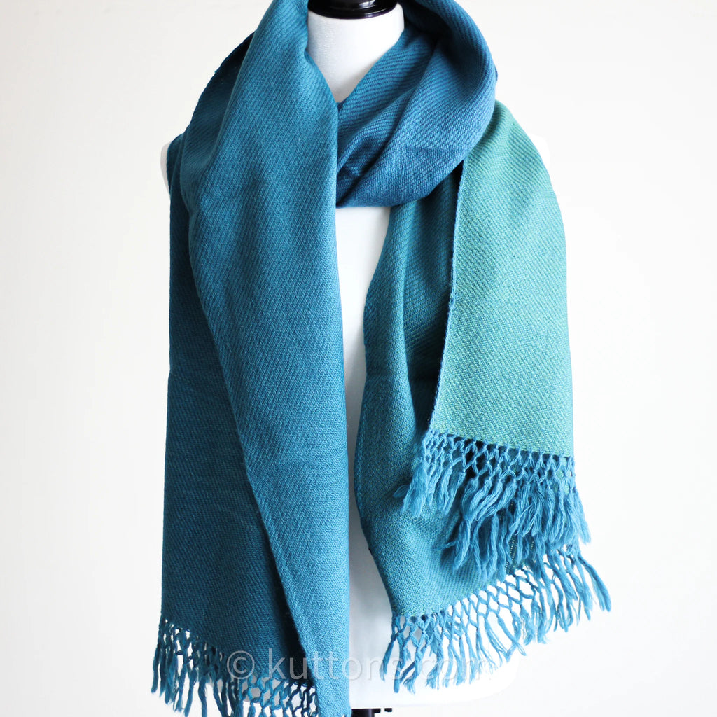 Handwoven Woolen Wrap Naturally Dyed with Tesu Flowers Indigo Blue Green 26x80