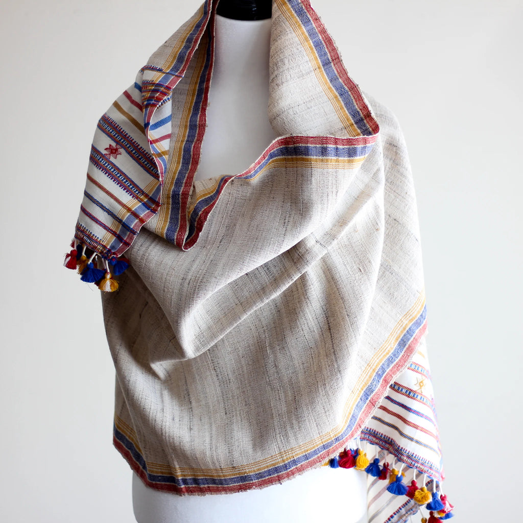 Handwoven Wrap from Handspun Tussar Silk Fine Cotton Colourful Tassels Beige Stole 24x86
