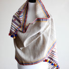 Handwoven Wrap from Handspun Tussar Silk Fine Cotton Colourful Tassels Beige Stole 24x86