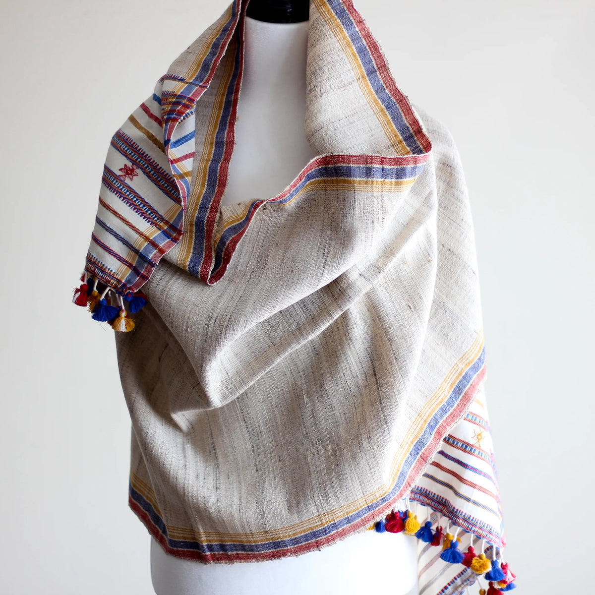Handwoven Wrap from Handspun Tussar Silk Fine Cotton Colourful Tassels Beige Stole 24x86