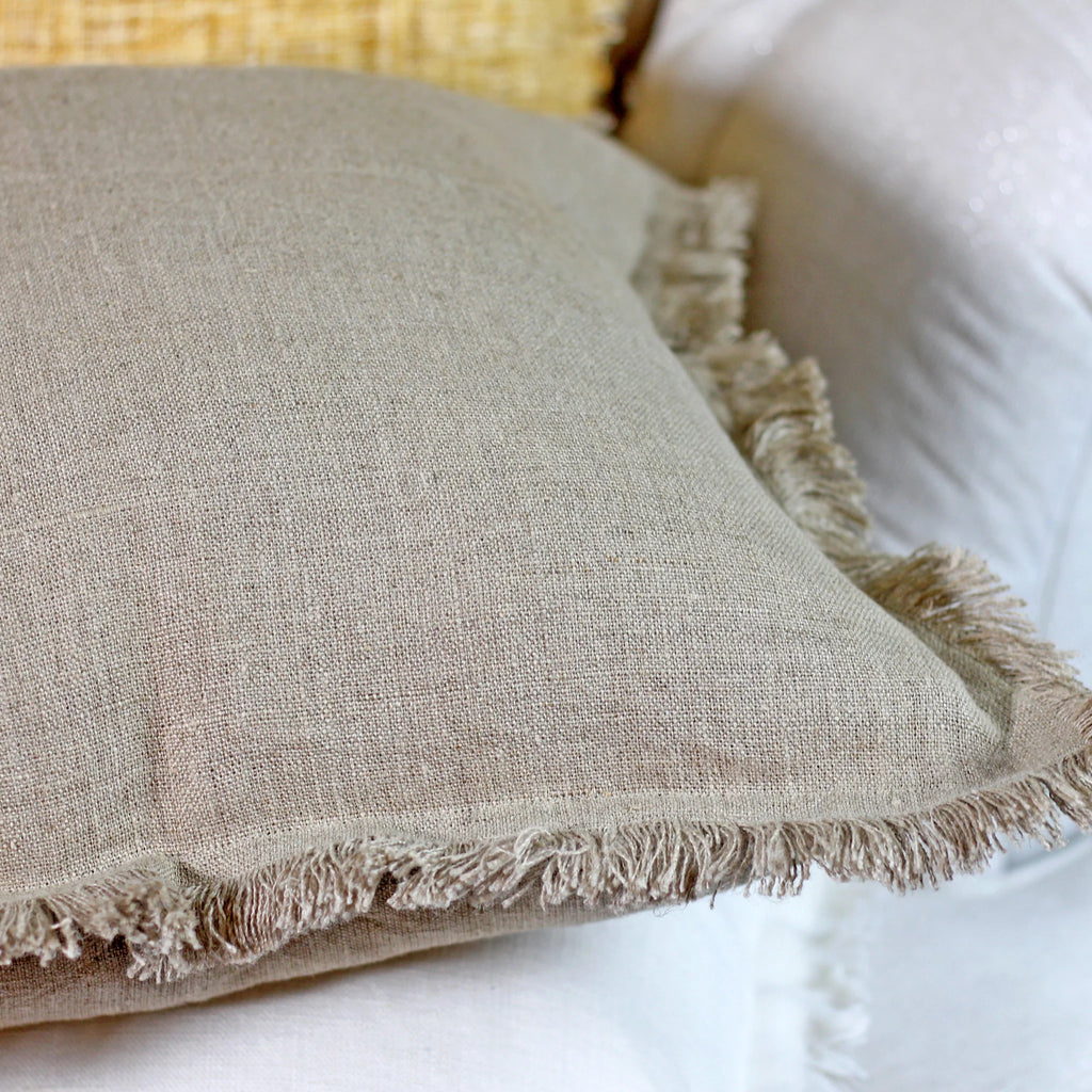Handcrafted Linen Throw Pillow Cover Rich Luxurious Fringes Natural Brown Cushion 20x20