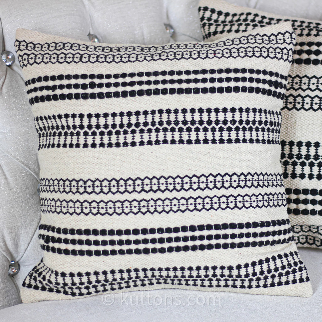 Handwoven Textured Cotton Bohemian Throw Pillow Cover White Black 18x18