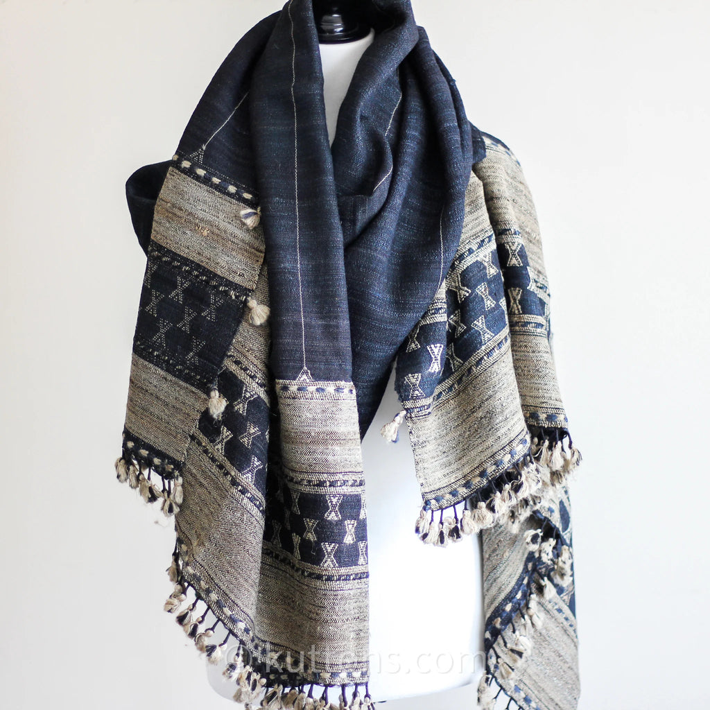 Handwoven Tussar Silk Merino Wool Shawl with Tassels Black Brown 38x86