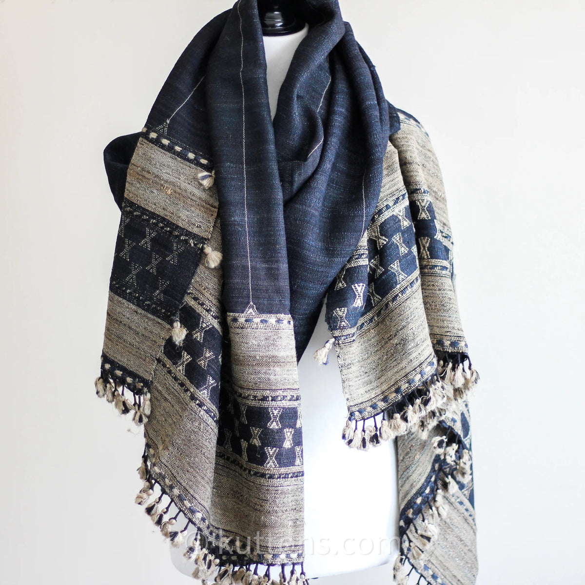 Handwoven Tussar Silk Merino Wool Shawl with Tassels Black Brown 38x86