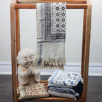 Kalamkari Hand Block Printed Handwoven Pure Cotton Towel Dyed with Natural Colours Beige Black 28x61