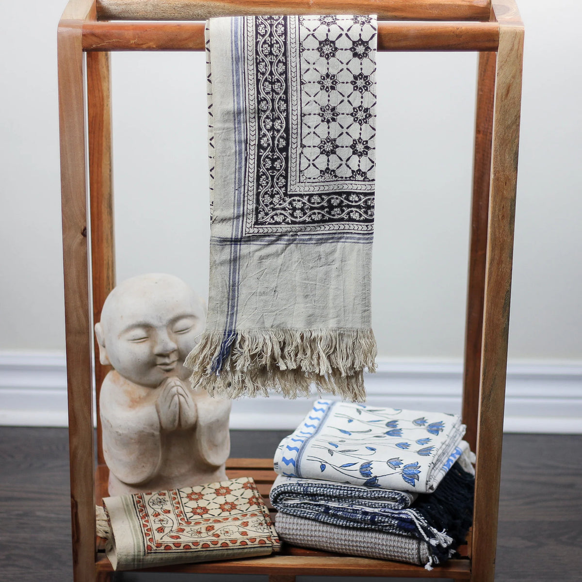 Kalamkari Hand Block Printed Handwoven Pure Cotton Towel Dyed with Natural Colours Beige Black 28x61