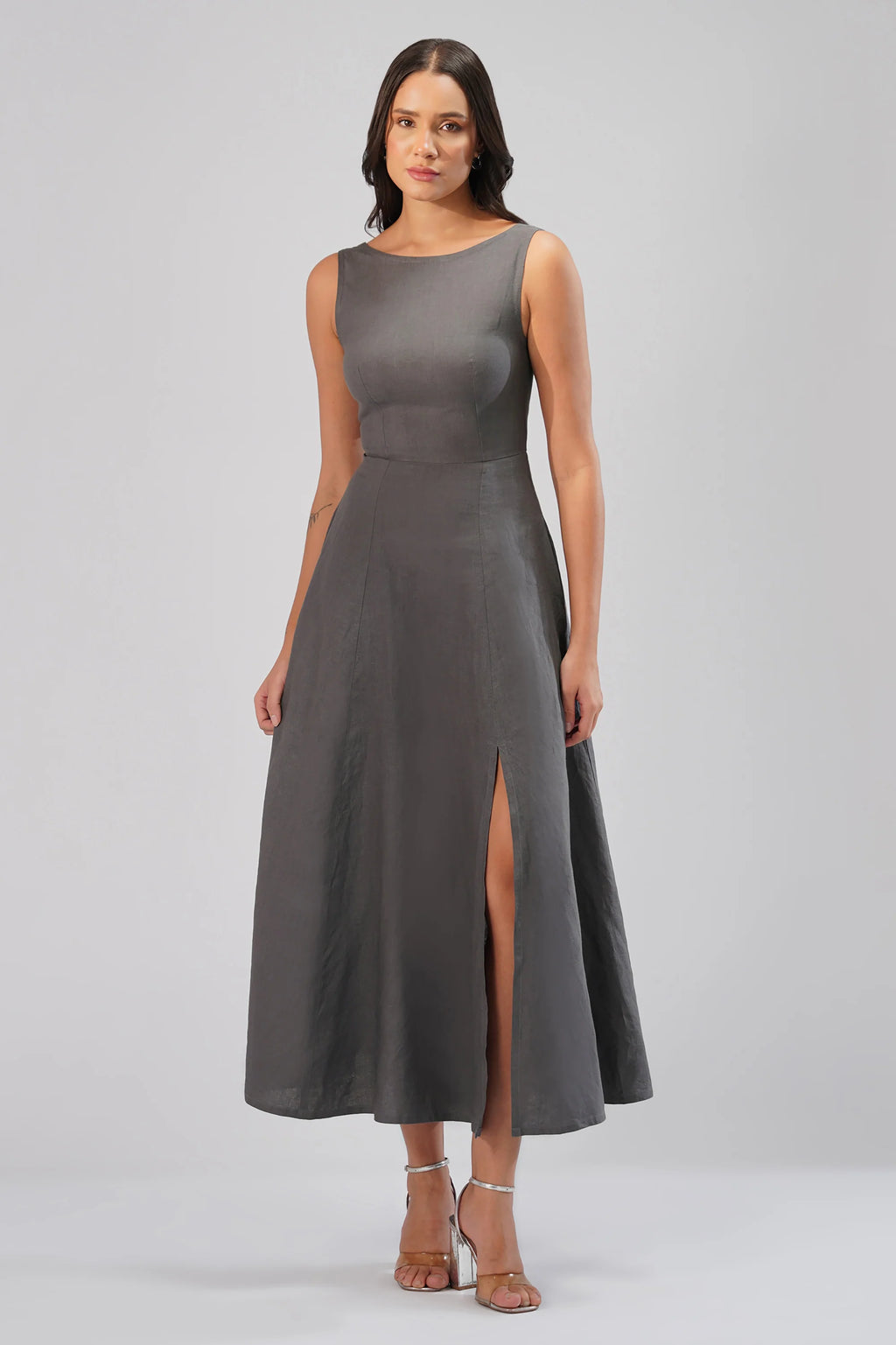 Sculpt Linen Midi Dress Sleeveless Boat Neck Dress with Front Slit