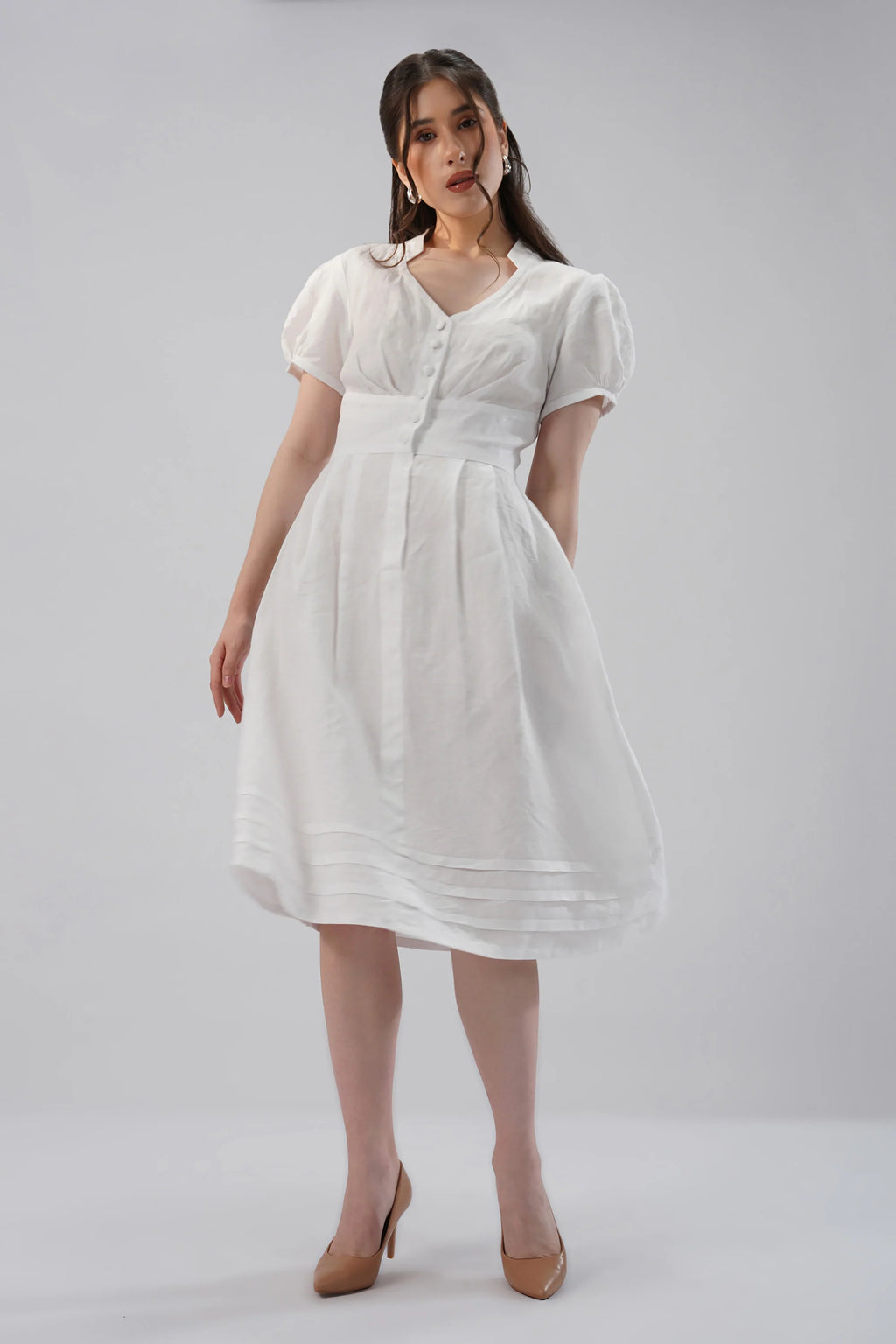 Puff Sleeve Linen Midi Dress with V Neck Button Front