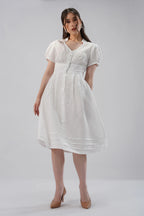 Puff Sleeve Linen Midi Dress with V Neck Button Front