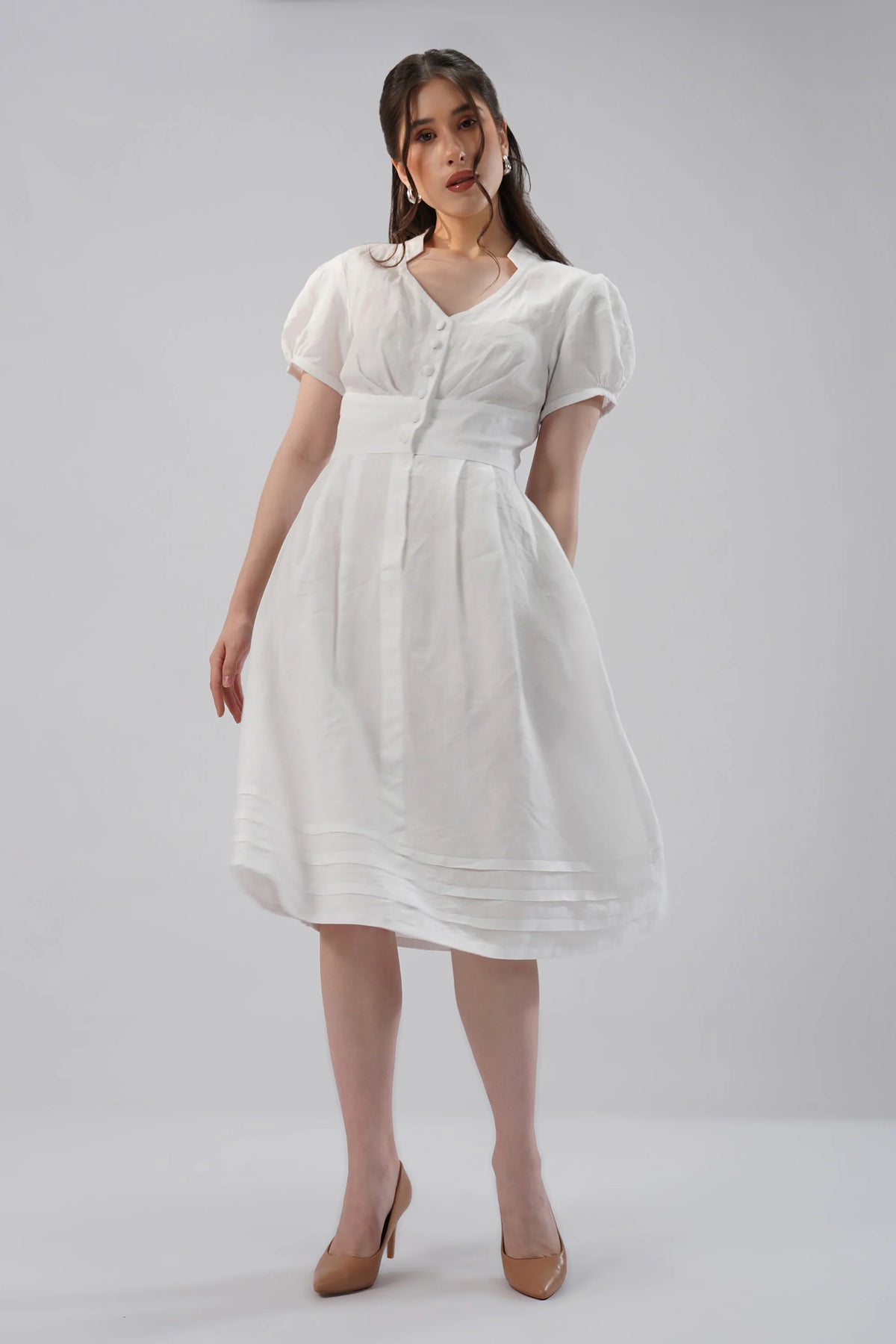 Puff Sleeve Linen Midi Dress with V Neck Button Front