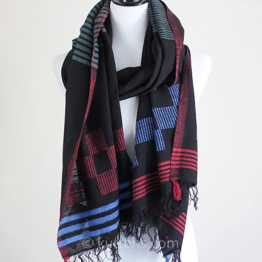 Handspun Handwoven Cotton Scarf with Frayed Edges Azo Free Vat Dyes Black Blue 24x82
