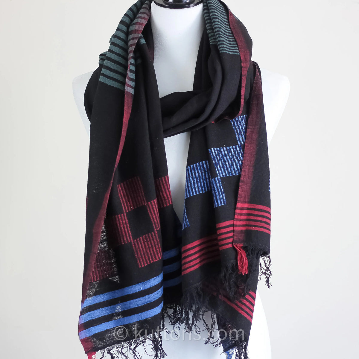 Handspun Handwoven Cotton Scarf with Frayed Edges Azo Free Vat Dyes Black Blue 24x82