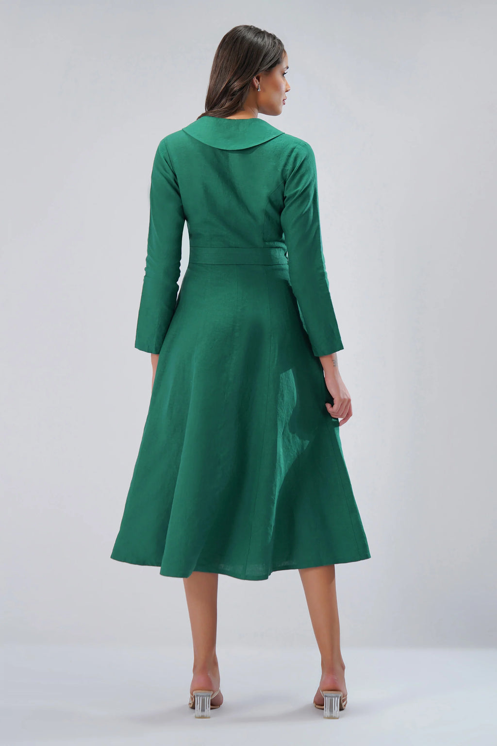Wrap Linen Midi Dress with Collar Tie Waist Cross Over Waist Tailored Collar European Linen