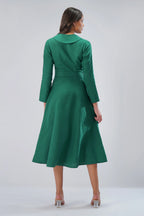 Wrap Linen Midi Dress with Collar Tie Waist Cross Over Waist Tailored Collar European Linen