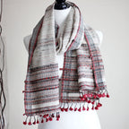 Naturally Dyed Silk Cotton Wrap with Tassels Handwoven from Cotton Eri Silk Tussar Silk White Red Stole 23x70