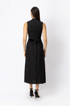 Linen Button Front Midi Dress with Tie Back