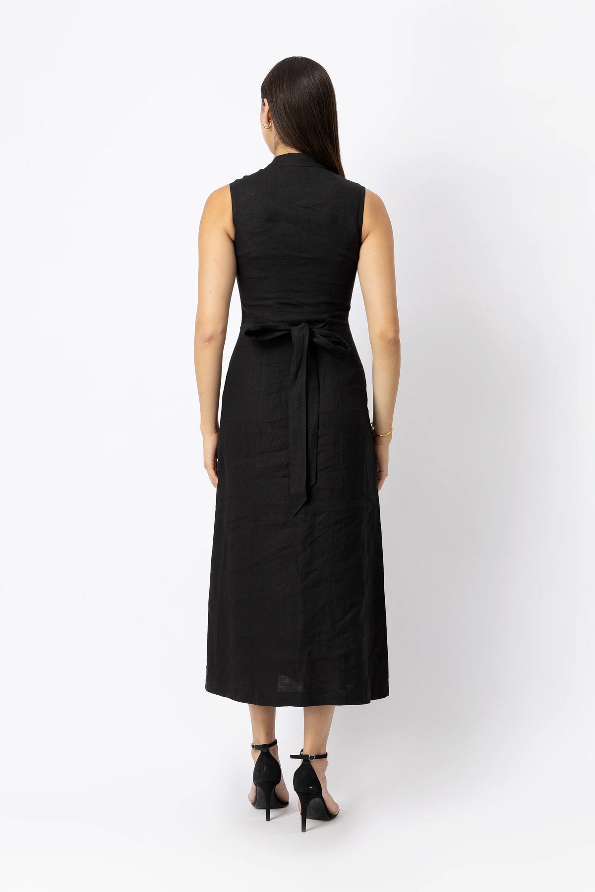 Linen Button Front Midi Dress with Tie Back