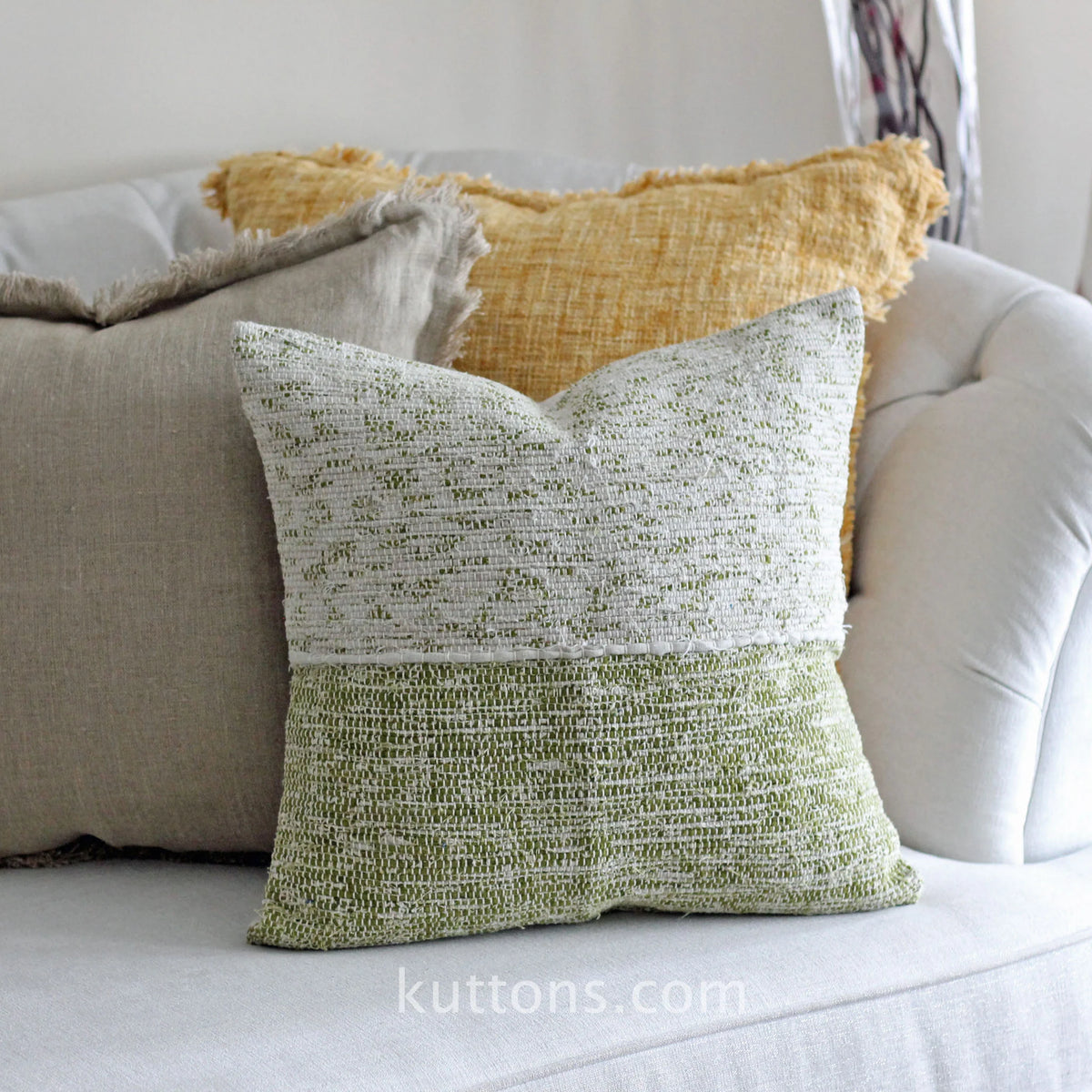Handwoven Linen Throw Pillow Cover Made from Fabric Waste Decorative Linen Cushions Green 20x20