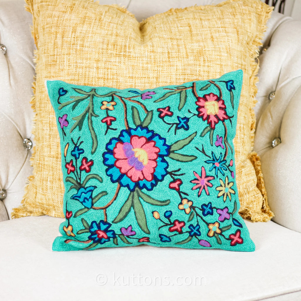 Kashmiri Ari Embroidery Handcrafted Cushion Cover Cotton Wool Green Pillow 16x16