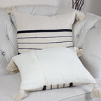 Handmade Textured Cotton Striped Pillow Cover Large Corner Tassels Cream 18x18 Square
