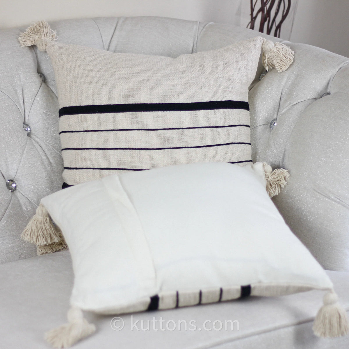 Handmade Textured Cotton Striped Pillow Cover Large Corner Tassels Cream 18x18 Square