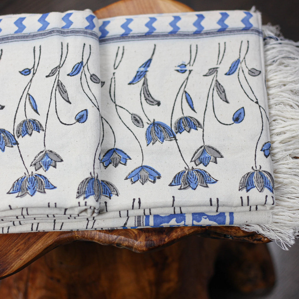 Hand Block Printed Handwoven Decorative Cotton Bath Towel White Blue 29x62