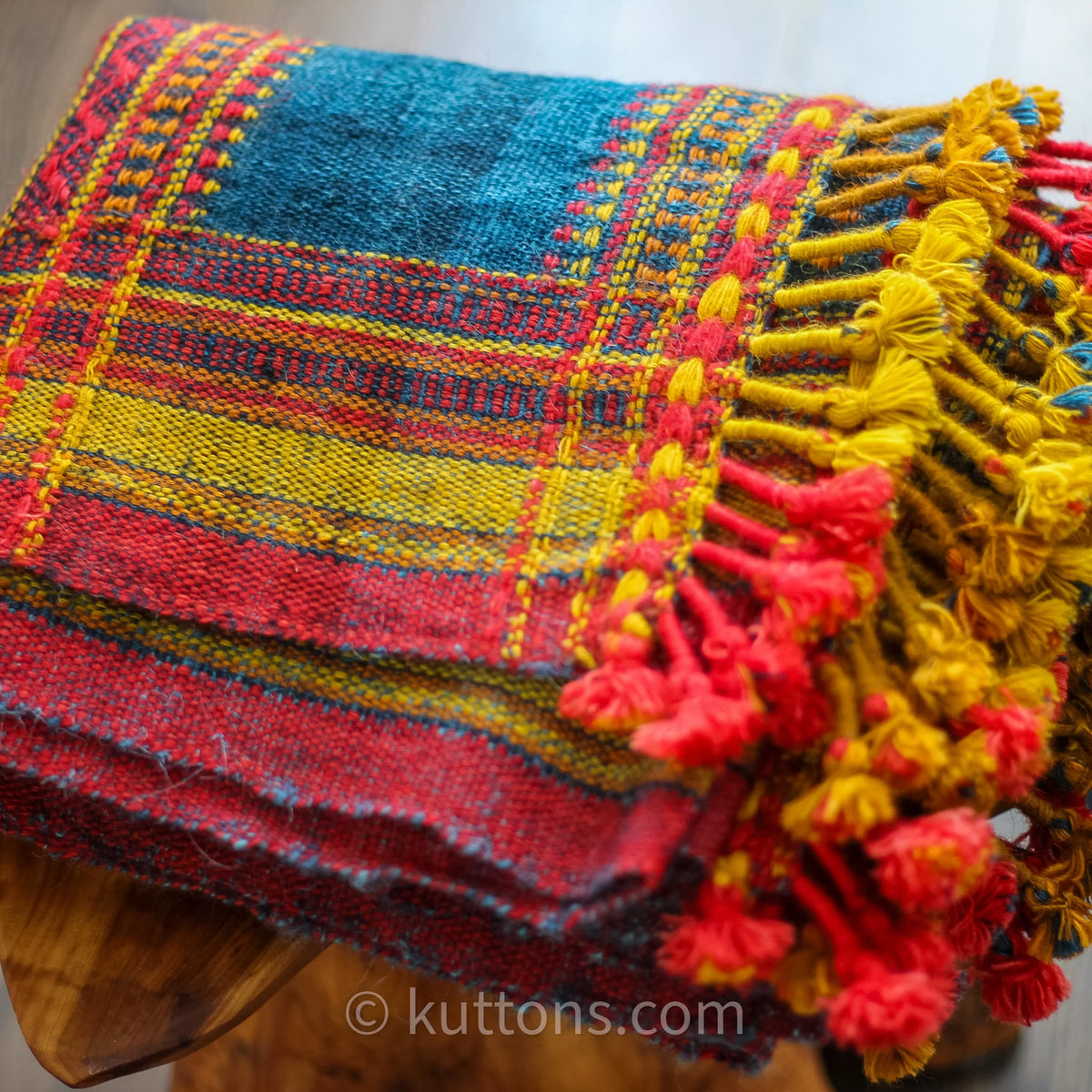Handspun Handwoven Multipurpose Ethnic Shawl cum Throw Sheep Wool Blue 37x82
