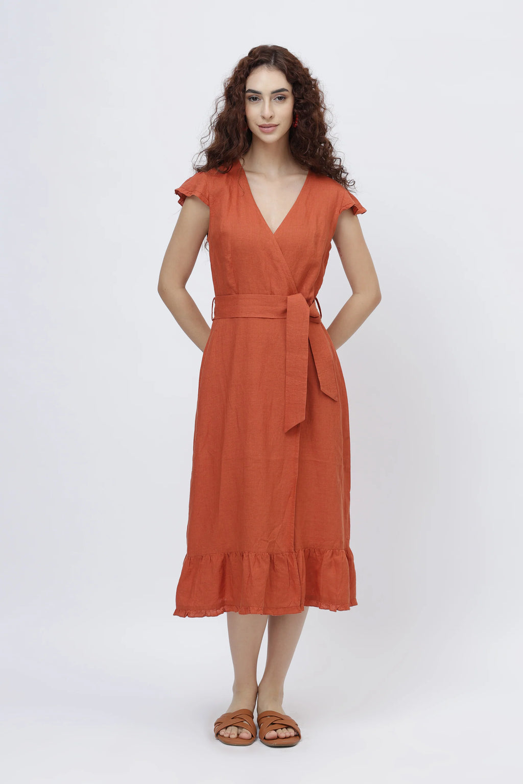 Flutter Sleeve Linen Wrap Midi Dress European Linen