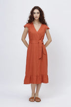 Flutter Sleeve Linen Wrap Midi Dress European Linen