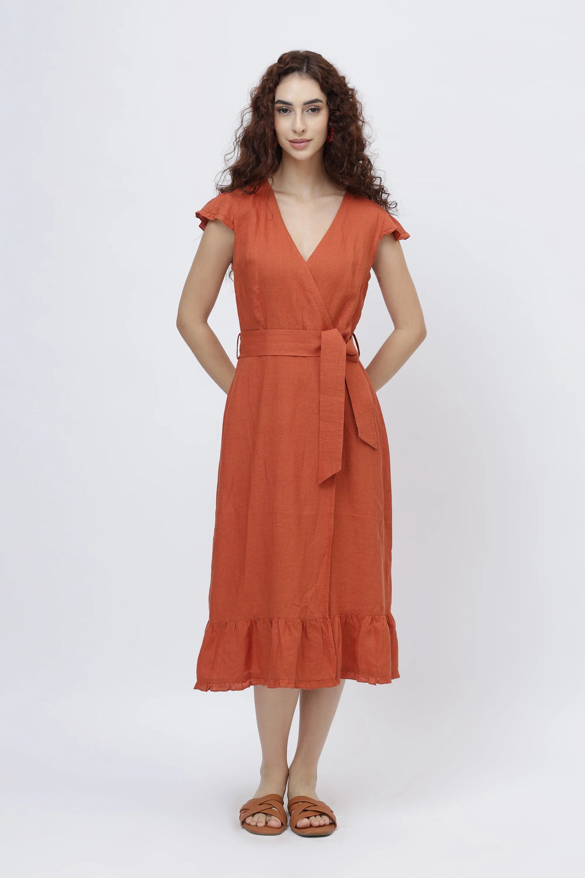 Flutter Sleeve Linen Wrap Midi Dress European Linen