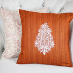 Embroidered Silk Blend Handloom Cushion Cover Paisley Motif Orange 16x16