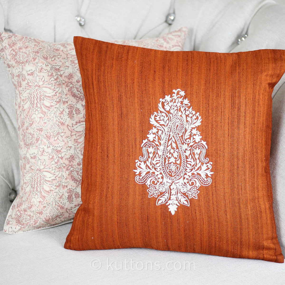 Embroidered Silk Blend Handloom Cushion Cover Paisley Motif Orange 16x16