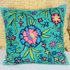Kashmiri Ari Embroidery Handcrafted Cushion Cover Cotton Wool Green Pillow 16x16