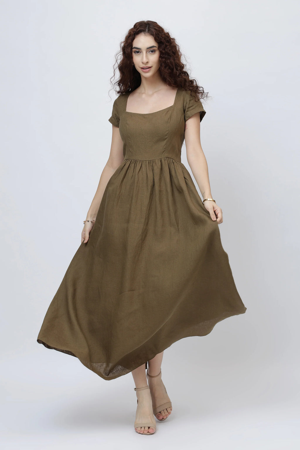 The Aria Linen Maxi Dress Square Neck Fitted Bodice