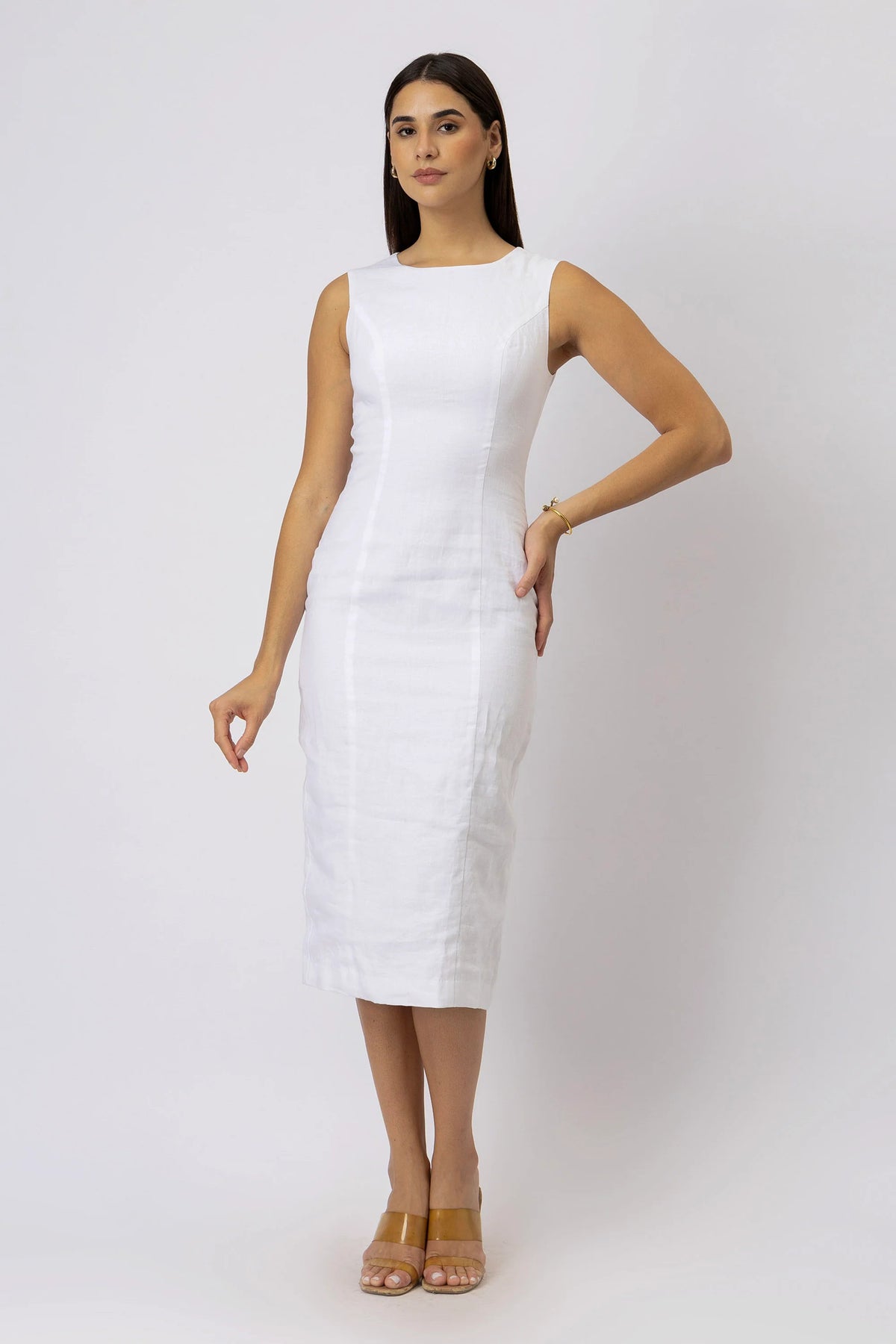 European Linen Boat Neck Sleeveless Sheath Midi Dress