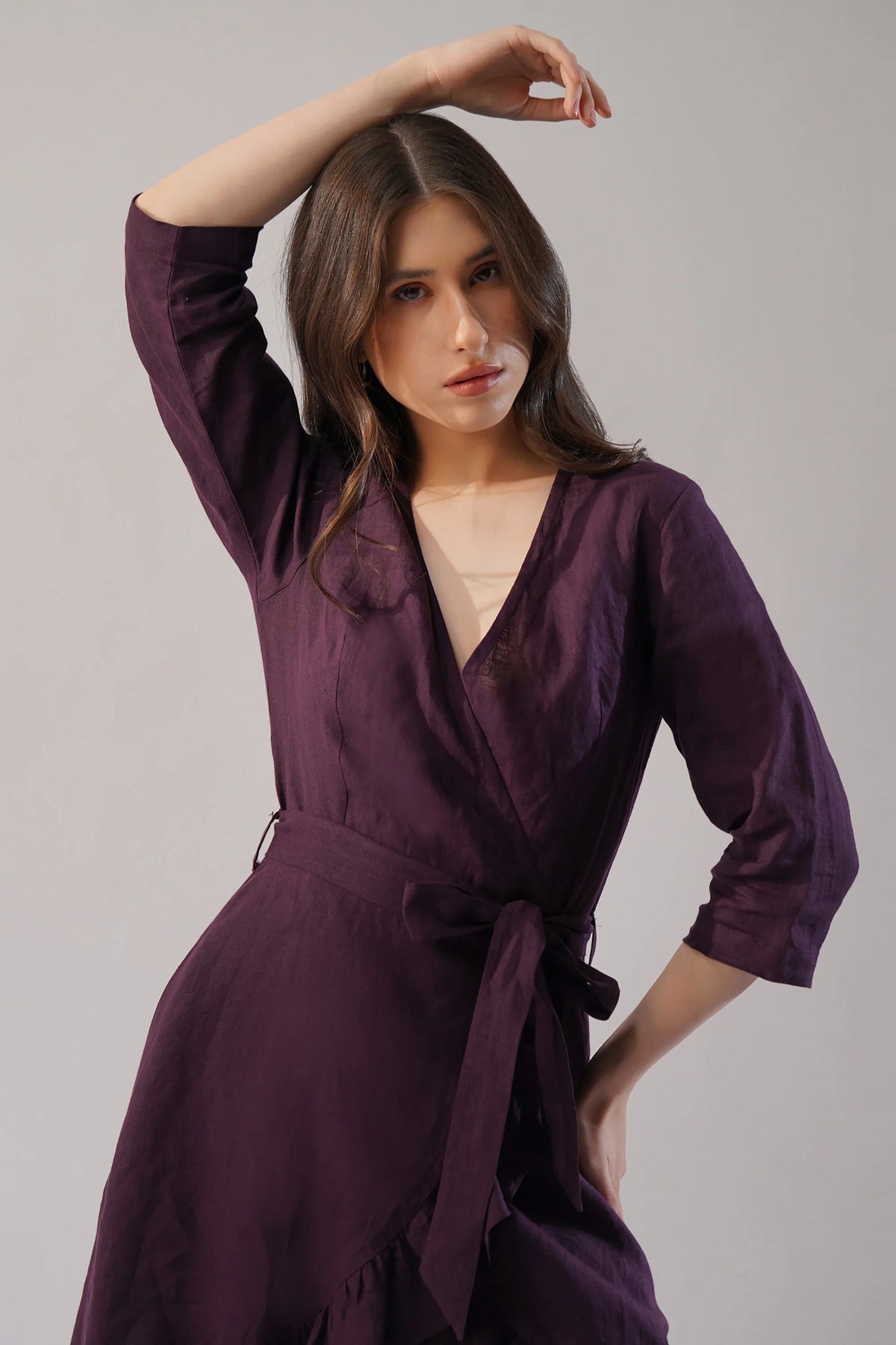 Elara Wrap Linen Dress Asymmetric Hem Ruffle Detail European Linen