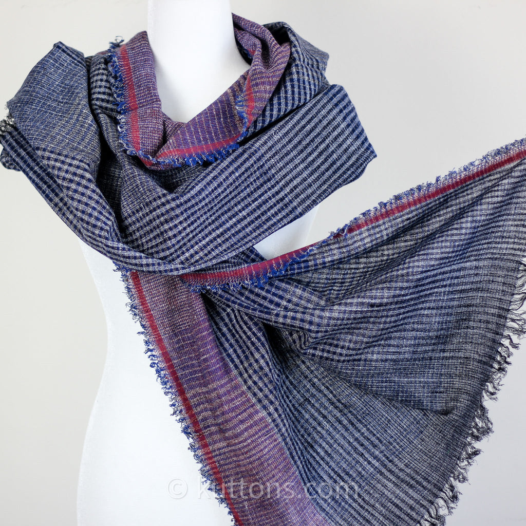 Ethically Crafted Cotton Scarf Hand Spun Hand Woven Artistry with Azo Free Vat Dyes Blue Maroon 25x78