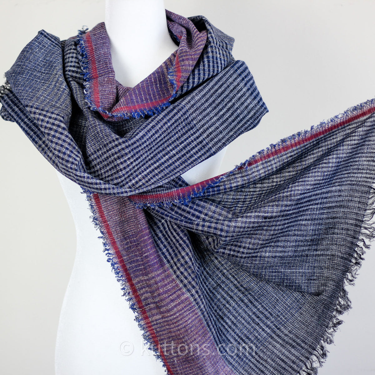 Ethically Crafted Cotton Scarf Hand Spun Hand Woven Artistry with Azo Free Vat Dyes Blue Maroon 25x78