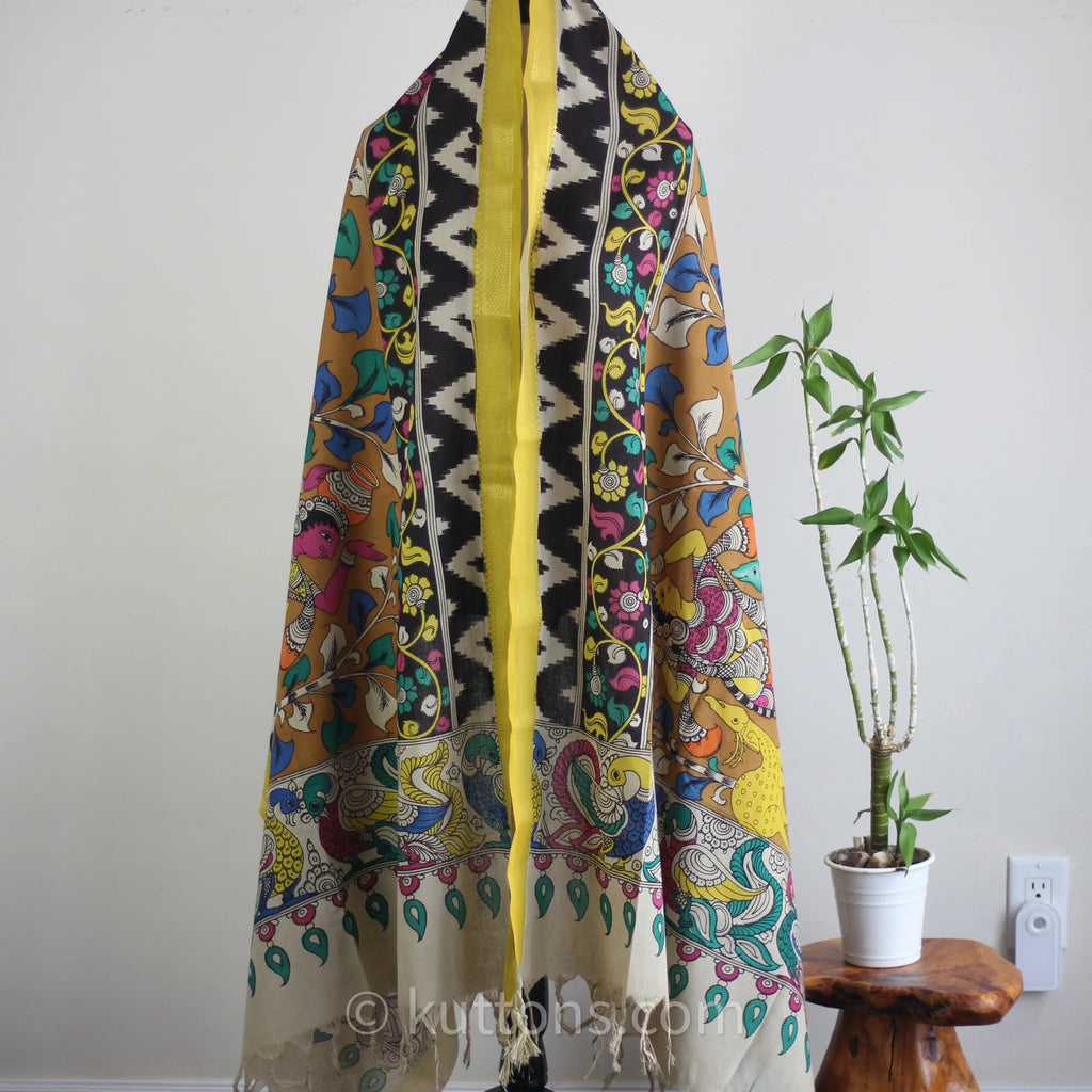 Hand Painted Kalamkari Cotton Wrap Cum Art Decor Depicting Ethnic Women with Deers Natural Colours Multicolour 36x94