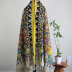 Hand Painted Kalamkari Cotton Wrap Cum Art Decor Depicting Ethnic Women with Deers Natural Colours Multicolour 36x94