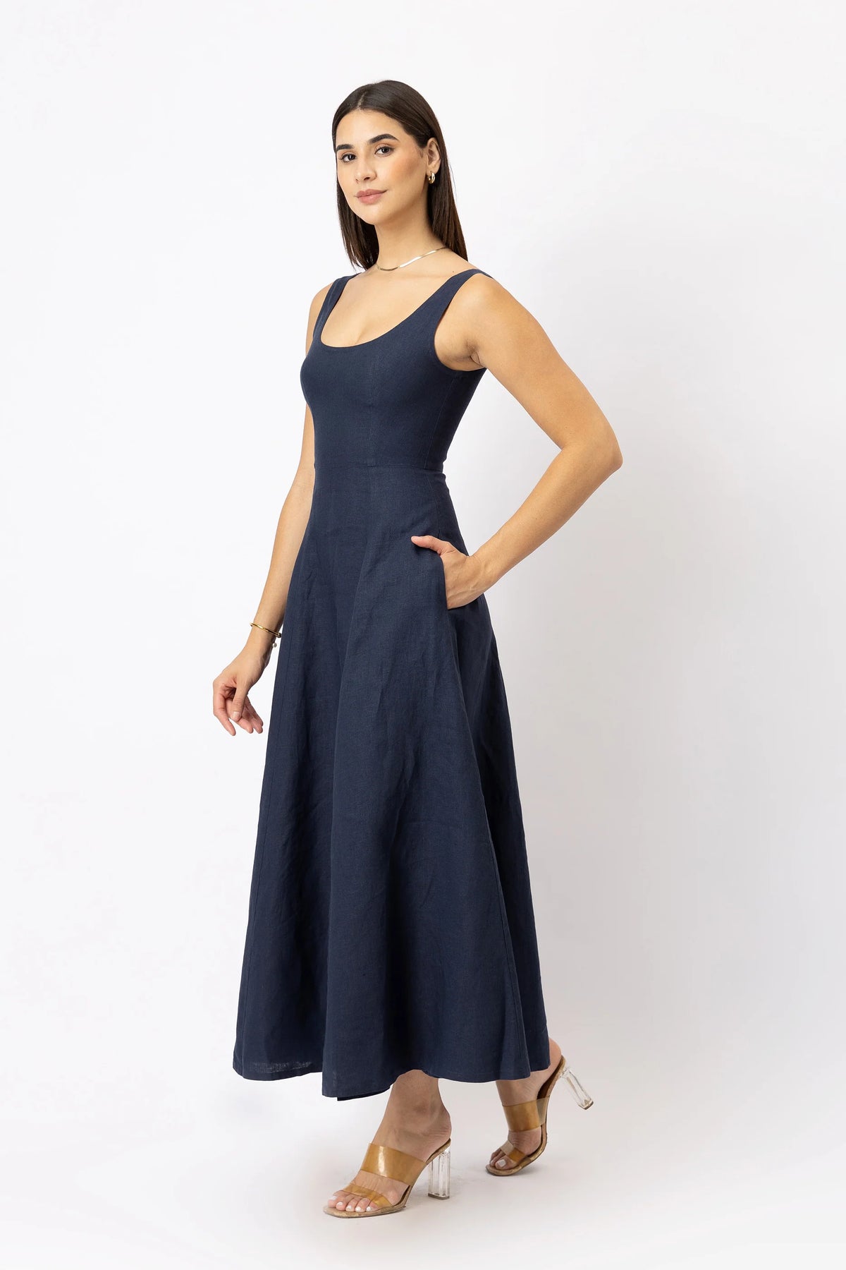 Linen Scoop Neck Maxi Dress with Side Slit