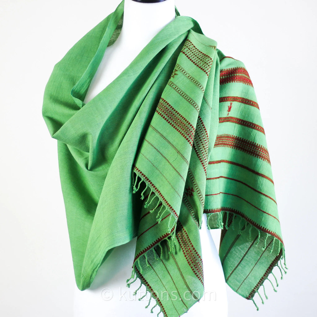 Organic Cotton Scarf Handwoven Kala Cotton Wrap with Tassels Green 22x73