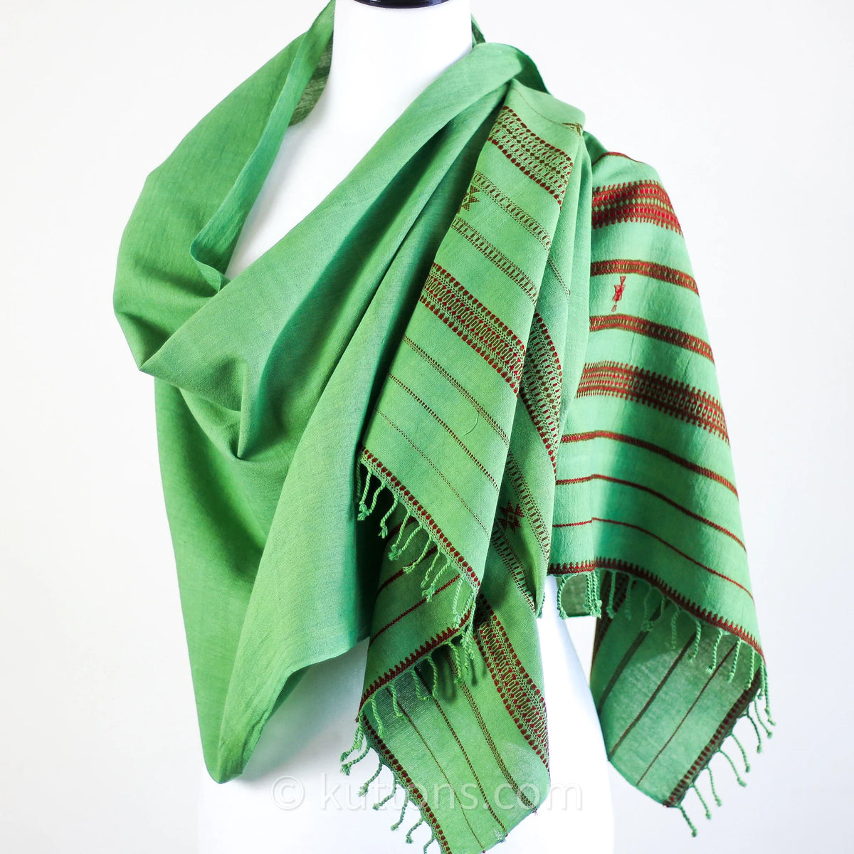Organic Cotton Scarf Handwoven Kala Cotton Wrap with Tassels Green 22x73