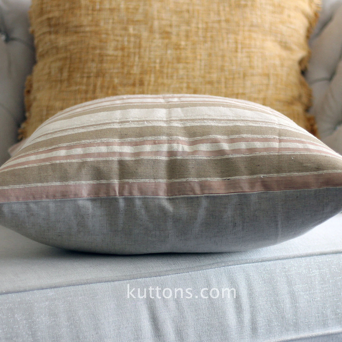 Handwoven Silk Textured Stripe Pillow Cushion Cover Coconut Shell Button Cream Golden Brown 21x21