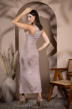 Linen Figure Hugging Midi Dress Scoop Neck with Pintuck Bodice