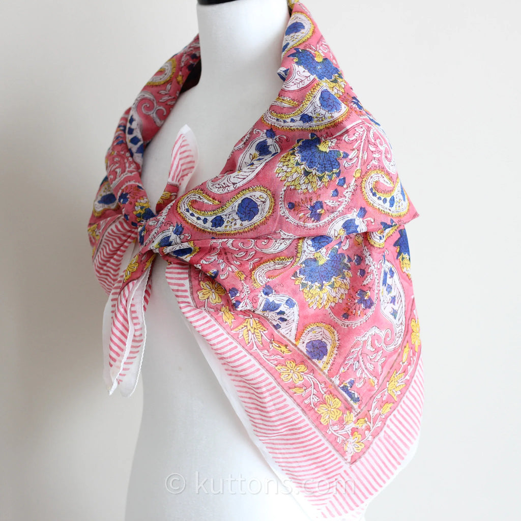 Soft Mul Cotton Bandana Scarf Sanganeri Hand Block Printed Pink 45x44