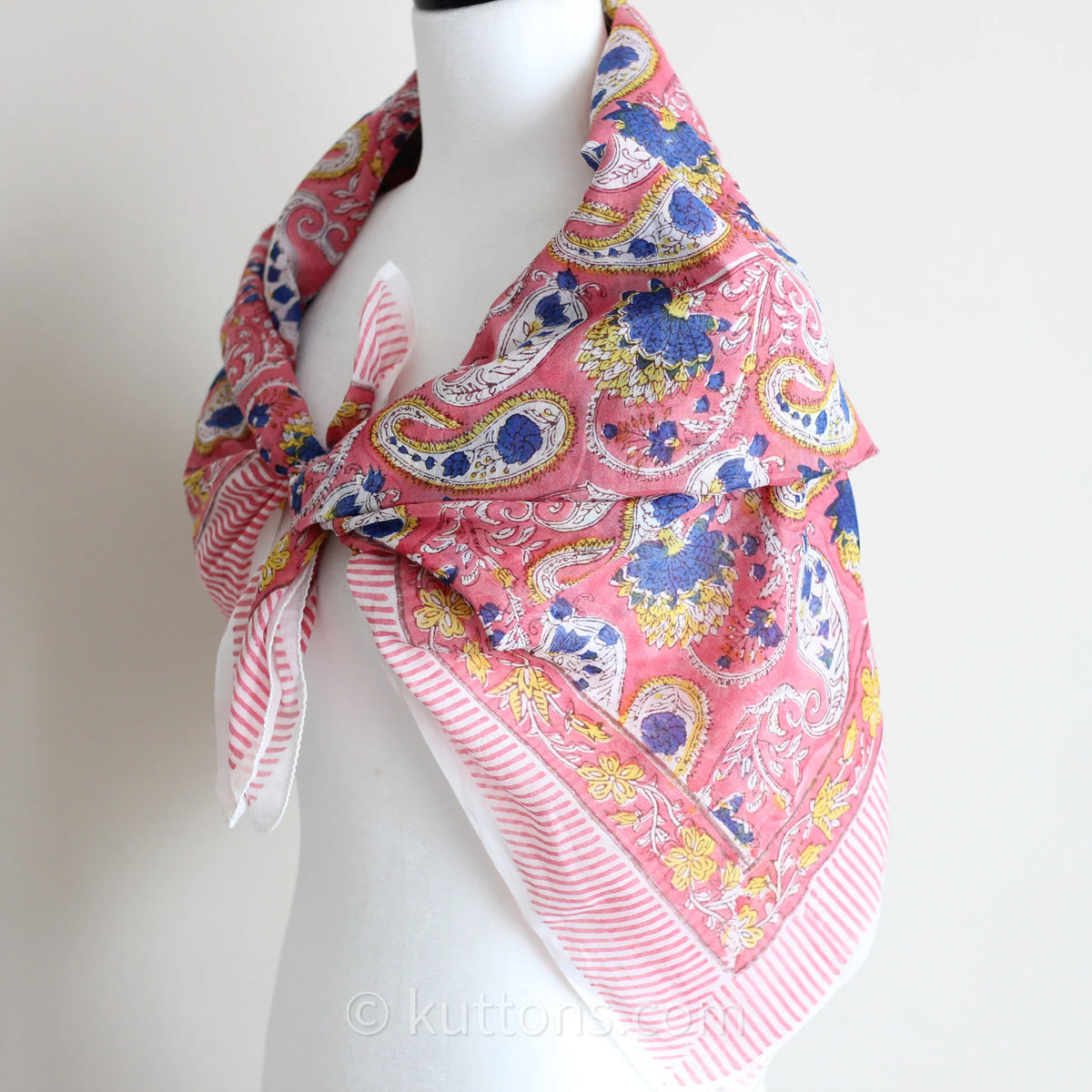 Soft Mul Cotton Bandana Scarf Sanganeri Hand Block Printed Pink 45x44