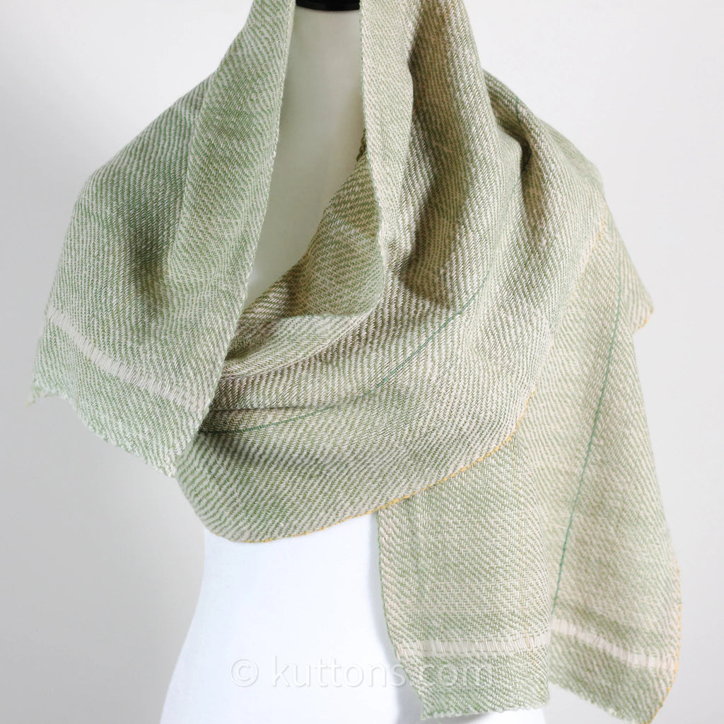Himalayan Merino Wool Scarf Handspun Handwoven and Naturally Dyed in the Himalayas with Indigo Tesu Flowers Green 13x76