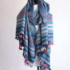 Handwoven Tussar Silk Merino Wool Shawl Long Tassels Striped Pattern Blue Pink 39x86