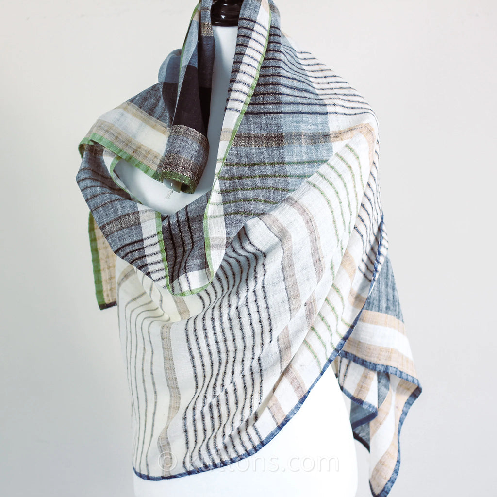 Handspun Handwoven Organic Cotton Scarf Light Airy Stole Cream Blue 24x79